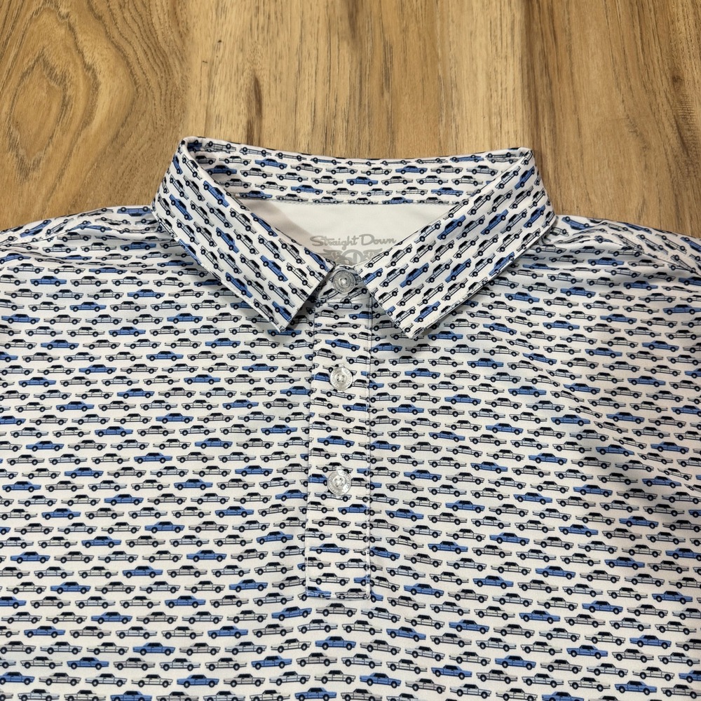 Straight Down Polo Shirt Mens XXL White Blue Vintage Car Print Performance Golf